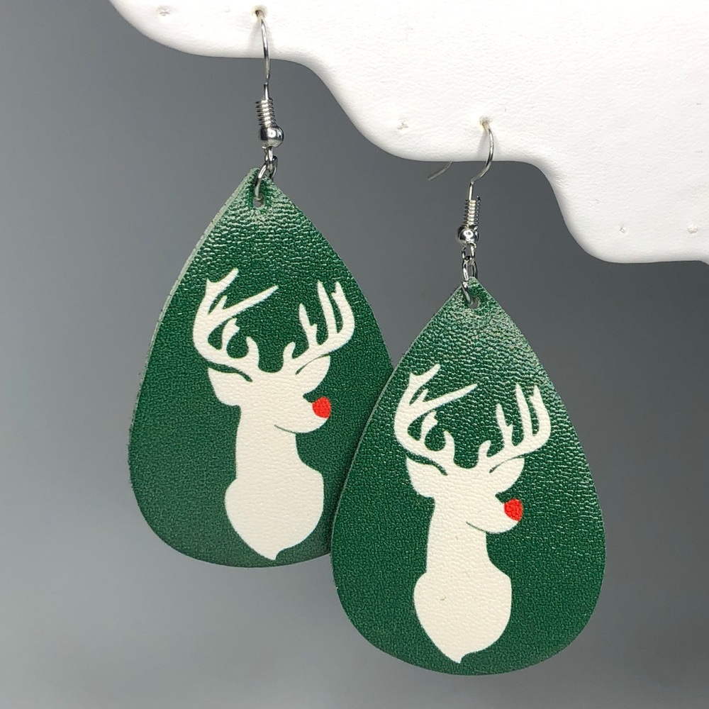 Green Rudolph PU Leather Holiday Teardrop Earrings